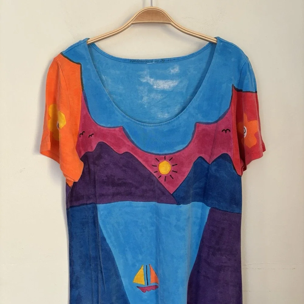 Women's 90s Art To Wear Dress Multicolor JB Hand Painted Dopamine Dressing L - Picture 2 of 7